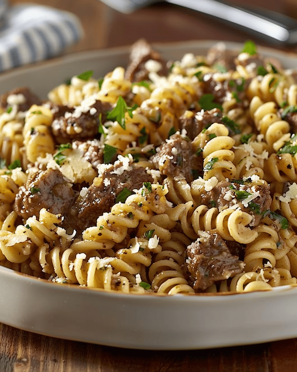 Beef and Rotini in Garlic Parmesan Sauce