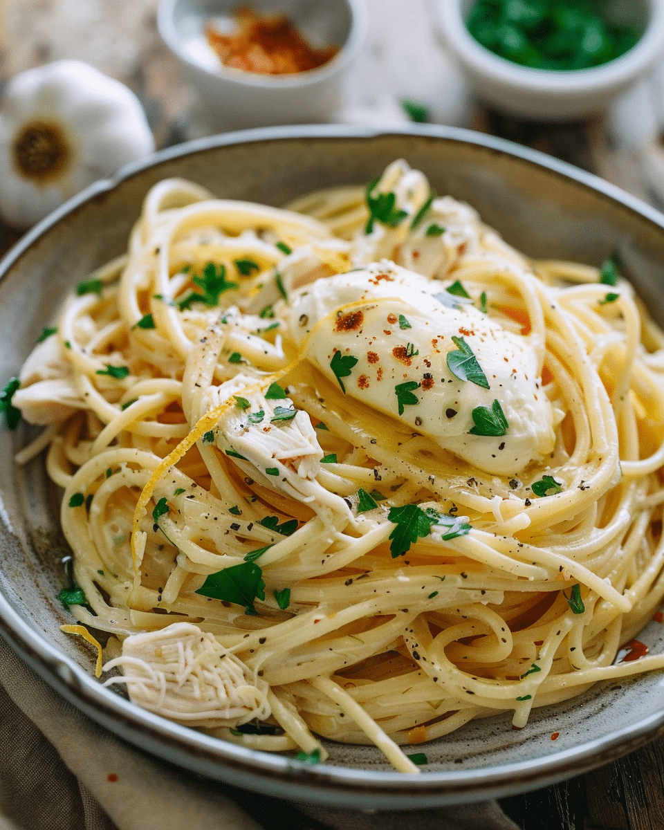 Chicken Spaghetti with Burrata and Lemon Butter Garlic Sauce