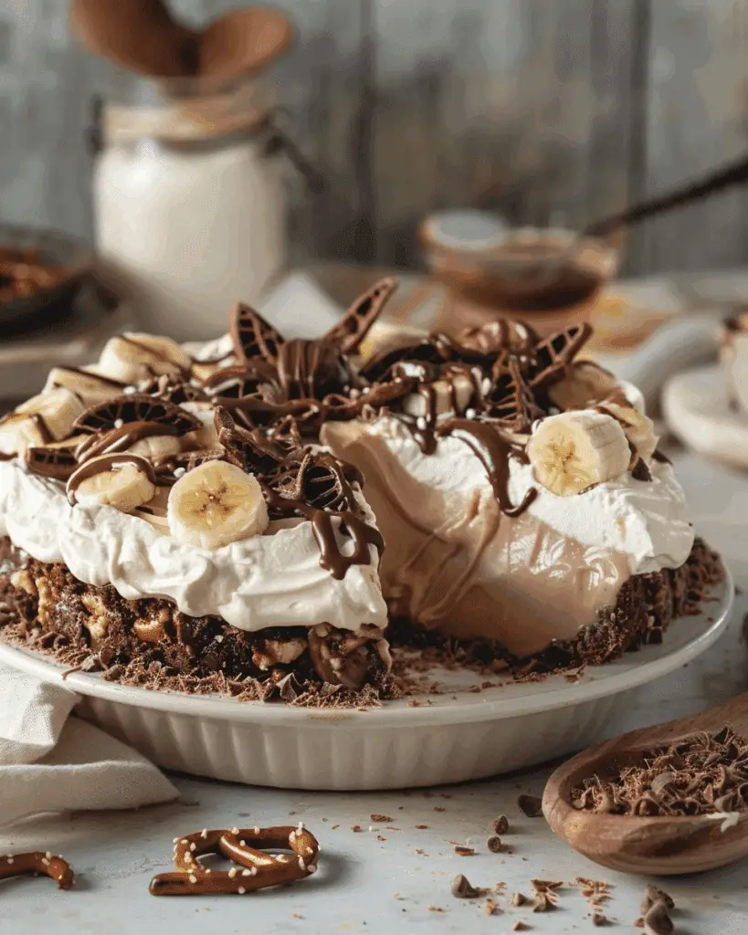 Banana Peanut Butter Pretzel Pie with Chocolate