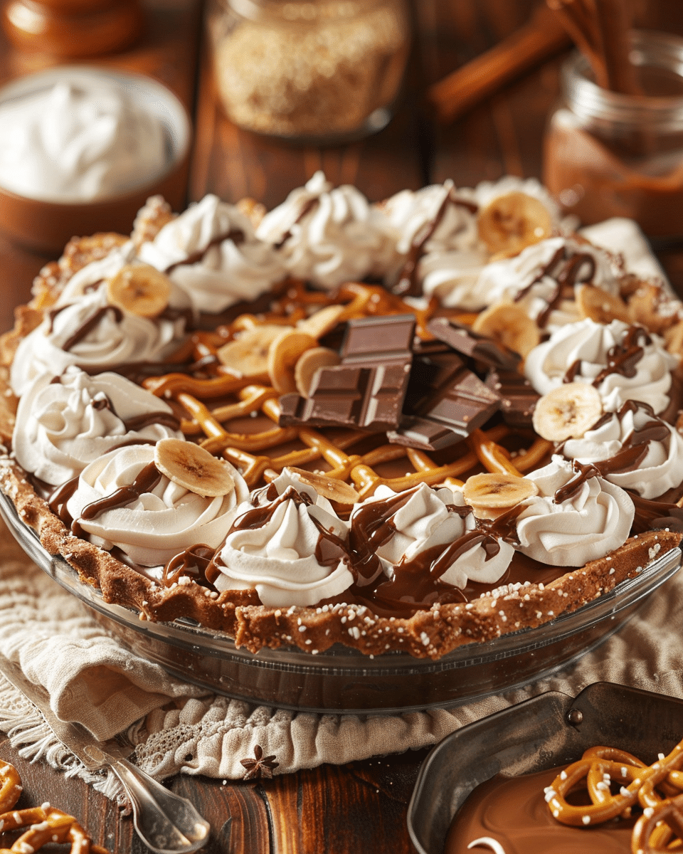 Banana Peanut Butter Pretzel Pie with Chocolate