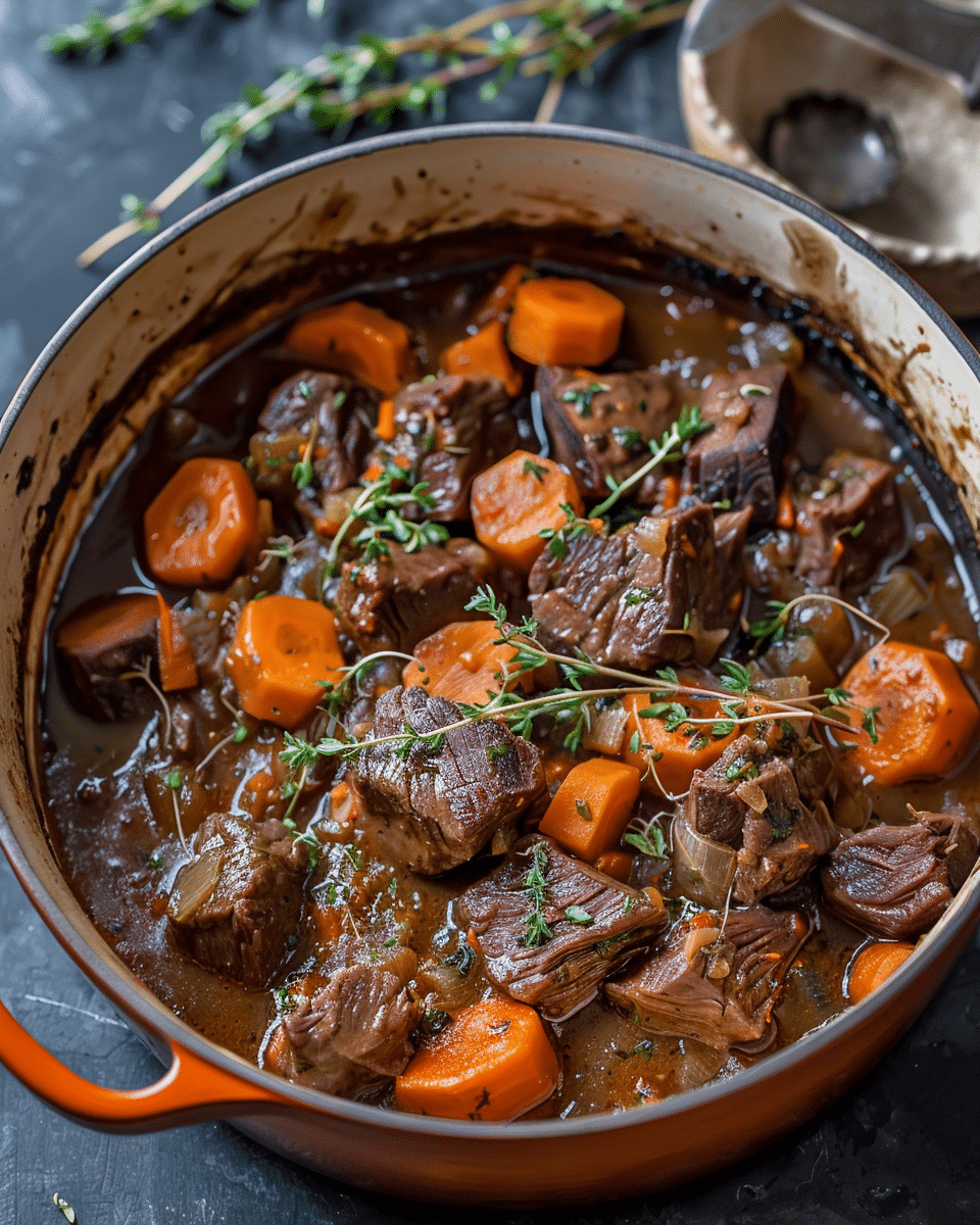 Classic French Beef Stew with Carrots and Bouquet Garni