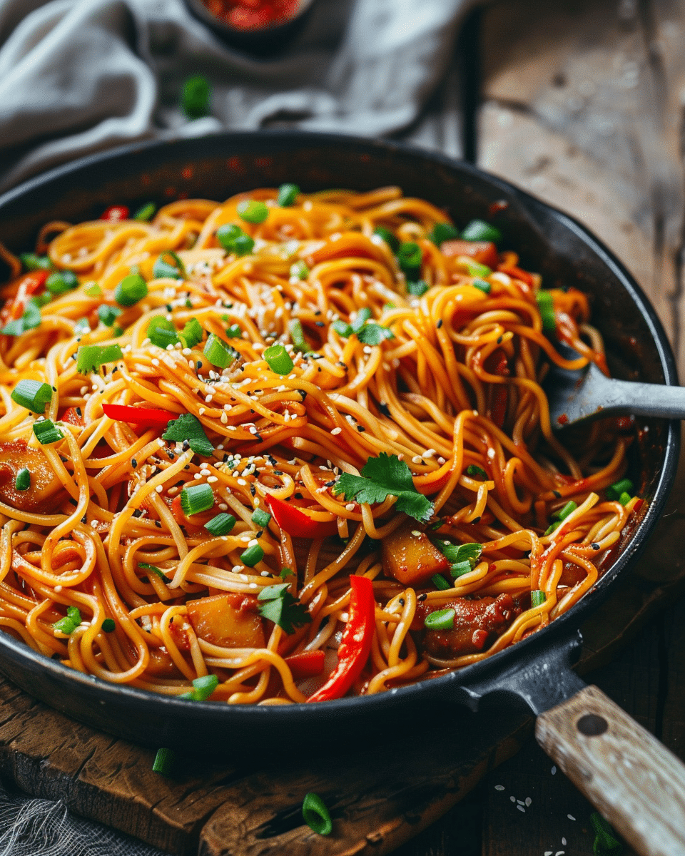 Sweet and Spicy Korean Stir Fry Noodles Recipe