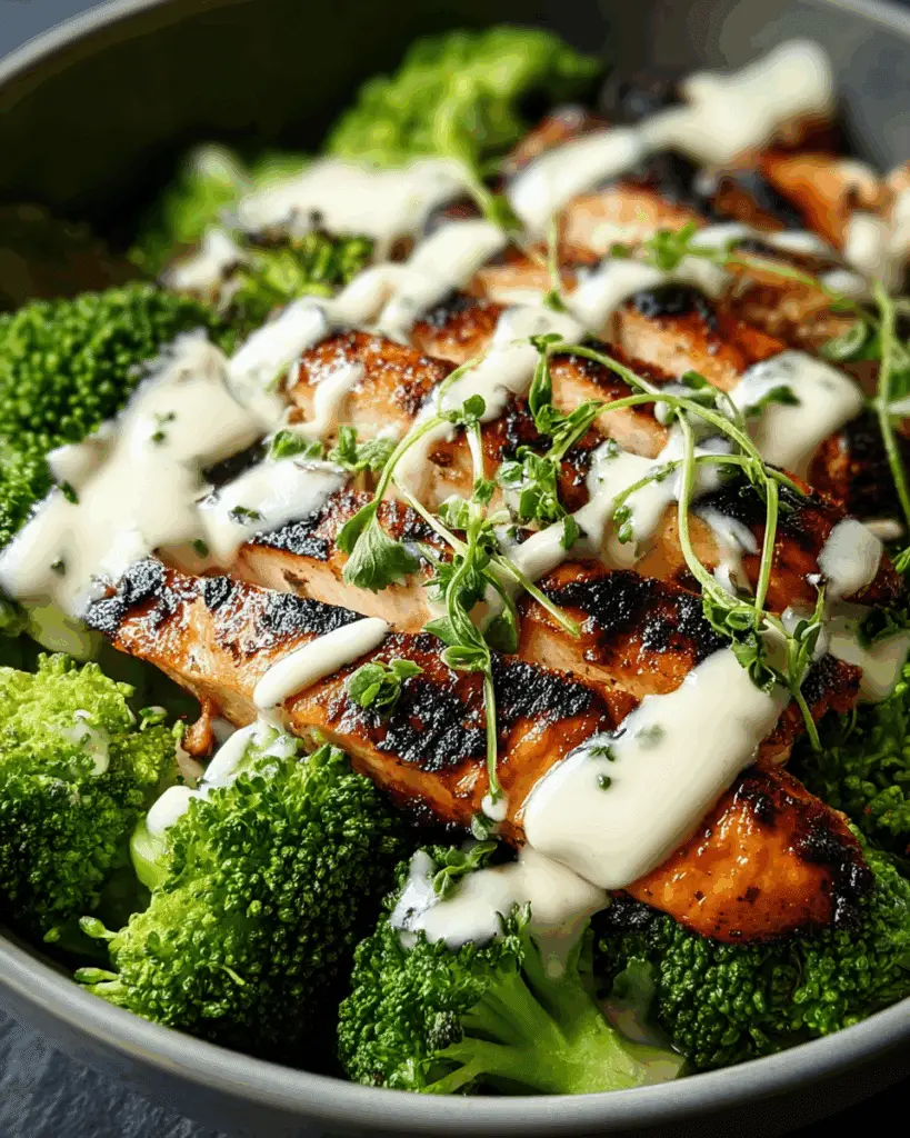 Grilled Chicken & Broccoli Bowls with Creamy Garlic Sauce Recipe