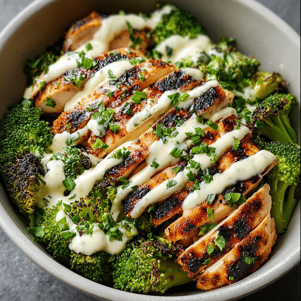 Grilled Chicken & Broccoli Bowls with Creamy Garlic Sauce Recipe - Recipe Image