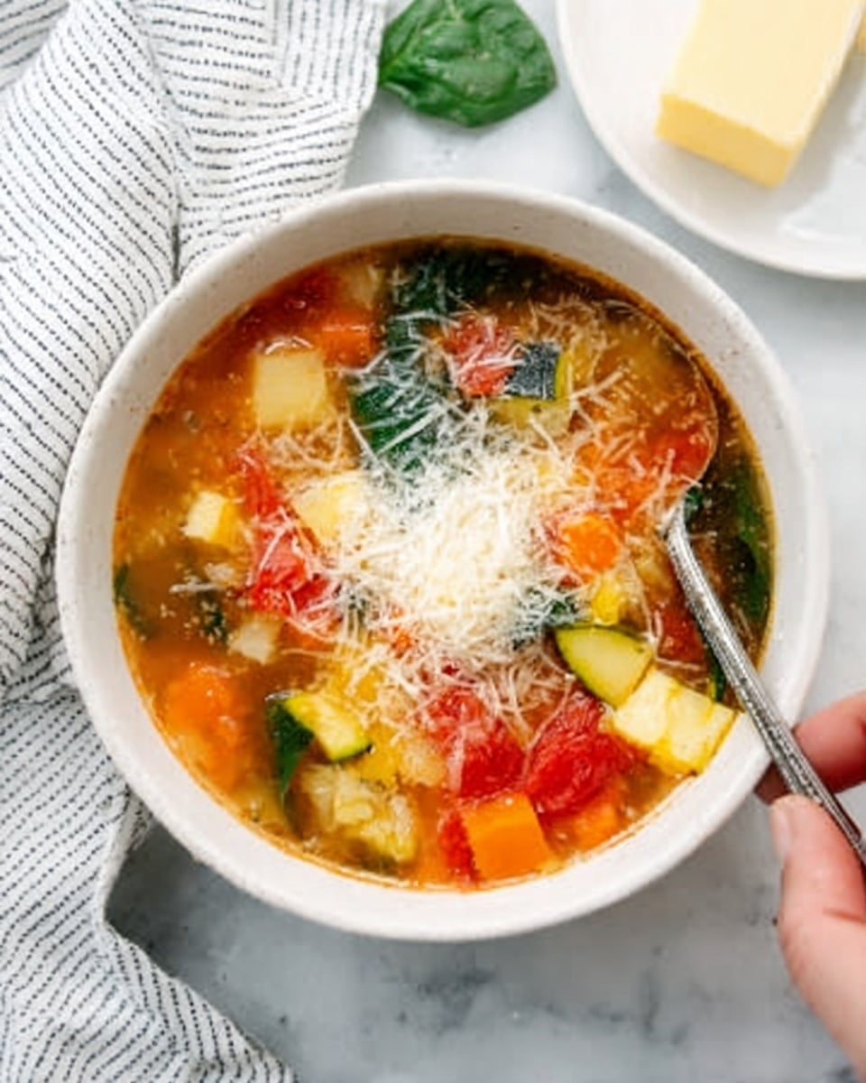 The image shows a white bowl filled with colorful vegetable soup on a white marbled surface. The soup has several layers including clear broth with orange carrot pieces, red tomato chunks, yellow zucchini cubes, and green spinach leaves. The soup is topped with a small pile of finely shredded white cheese that rests on the surface, slightly melting into the broth. A woman's hand is holding a silver spoon next to the bowl. In the background, there is a white plate with a yellow square of butter and a white cloth with thin black stripes. Photo taken with an iphone --ar 4:5 --v 7