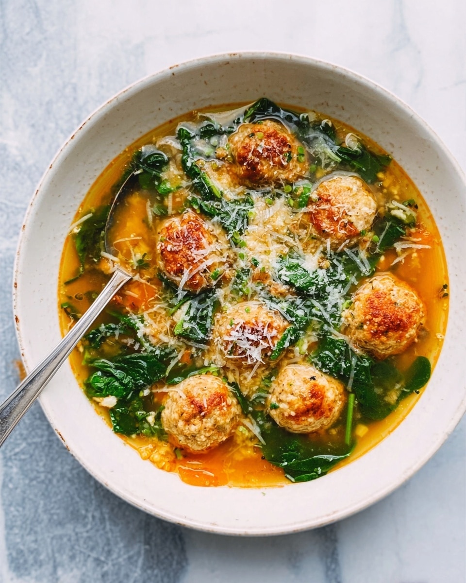 A white bowl filled with clear broth soup that has five round meatballs placed evenly around the bowl, large pieces of light green cabbage, dark green leafy vegetables, bright orange carrot cubes, and white beans scattered throughout. There is grated cheese sprinkled lightly on top. A silver spoon rests inside the bowl, holding some soup with beans and carrot cubes. The bowl sits on a white marbled surface. A small part of a white bowl with more soup and a small glass of golden oil are visible near the edges. Photo taken with an iphone --ar 4:5 --v 7