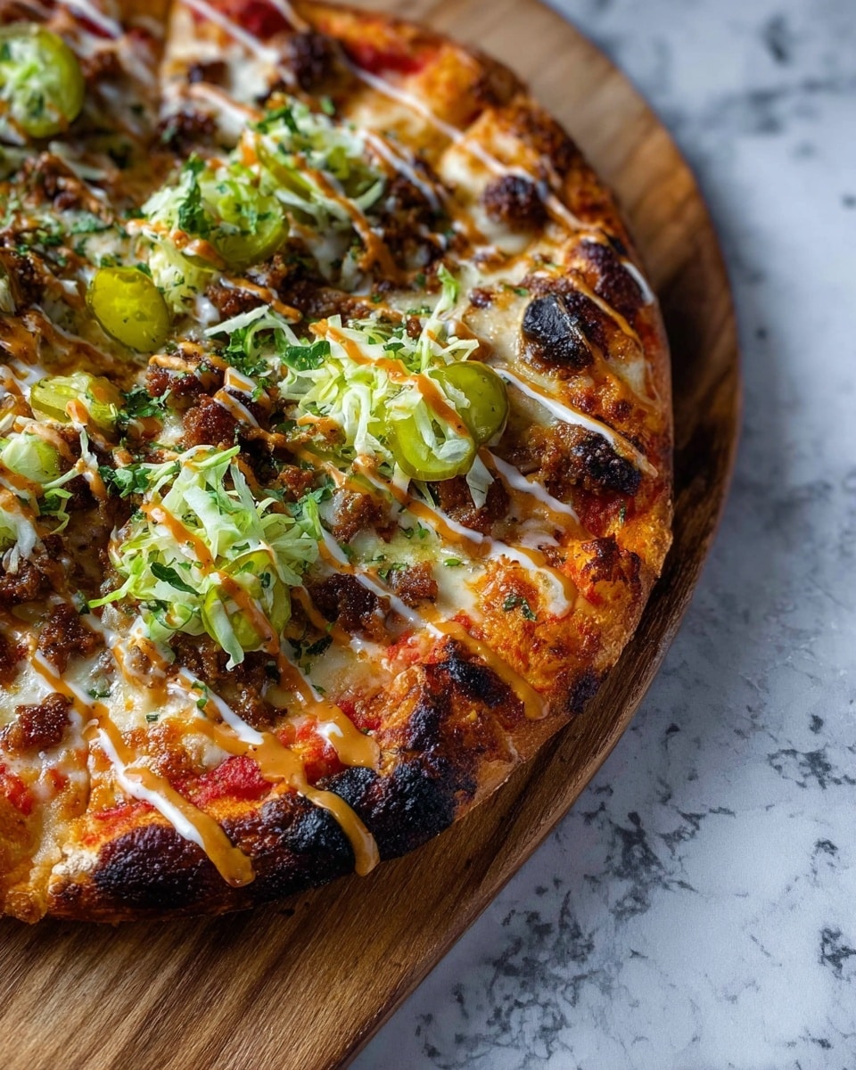 A close-up of a round pizza shows a crust with a golden-brown color and some dark charred spots around the edges. The first layer is a bright red tomato sauce spread evenly beneath a melted layer of white cheese. On top of the cheese, there are small pieces of browned meat scattered across the pizza. Thin green pickle slices and shredded green lettuce are spread mainly in the center, creating a fresh contrast. Light brown drizzle of sauce is applied in diagonal lines across the top. The pizza is placed on a wooden board, set on a white marbled surface. Photo taken with an iphone --ar 4:5 --v 7