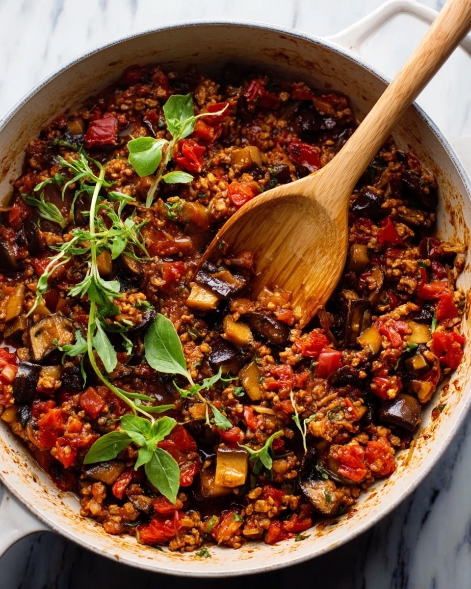 The image shows a bowl of cooked vegetable stew in a white bowl with red patterned edges, resting on a white marbled surface. The stew has multiple layers of chunky vegetables, mainly deep purple eggplants, bright red peppers, and golden yellow pieces, mixed with small pieces of brown mushrooms. Fresh green parsley leaves are scattered on top as garnish. Two toasted baguette slices with a golden-brown crust are placed behind the bowl, leaning against its edge. A woman's hand is gently holding the bowl on the side. The overall look is colorful and fresh. Photo taken with an iphone --ar 4:5 --v 7