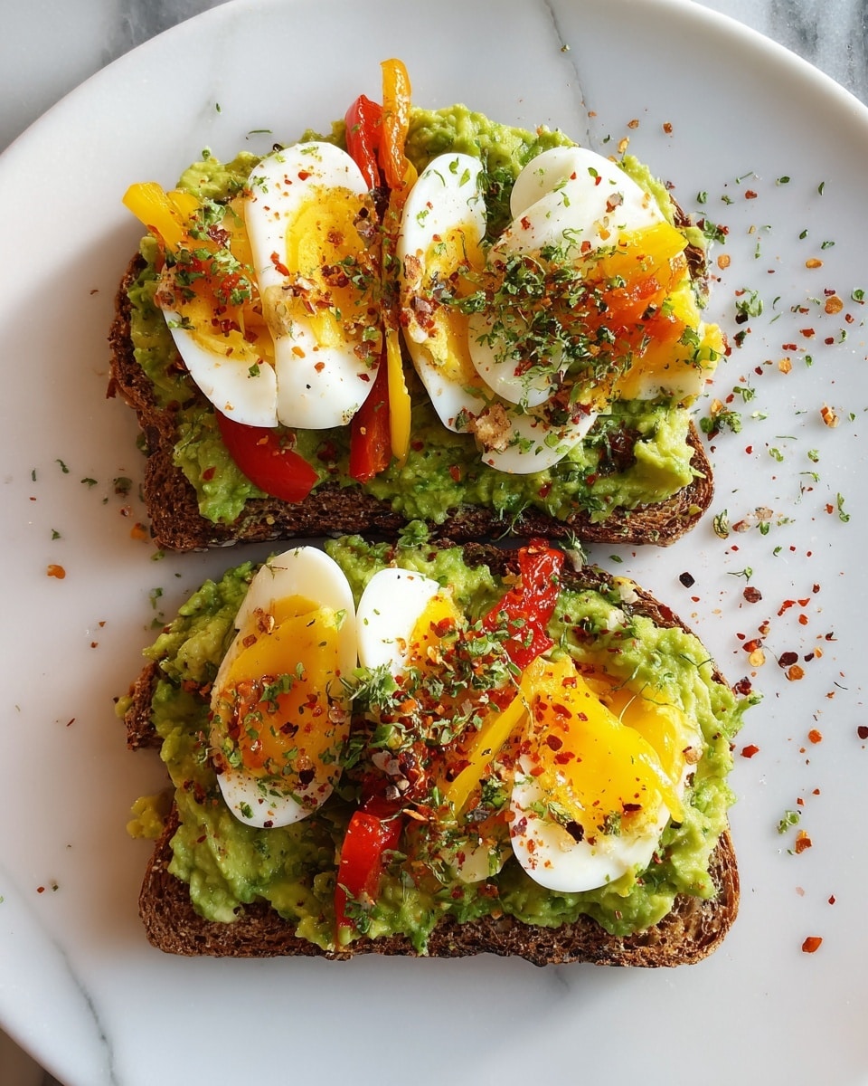Two slices of whole grain toast lie side by side on a large white plate with a white marbled texture. Each toast is topped with a thick, uneven layer of bright green mashed avocado. On top of the avocado, there are several slices of hard-boiled egg, white with yellow yolks, arranged in a slightly overlapping manner. Scattered on the eggs are vibrant yellow and red roasted bell pepper strips, adding a pop of warm color. The entire open sandwich is sprinkled with crushed red pepper flakes, black pepper, and dried green herbs, giving it a textured and seasoned look. Some seasoning granules are also scattered around the plate itself. The photo taken with an iphone --ar 4:5 --v 7