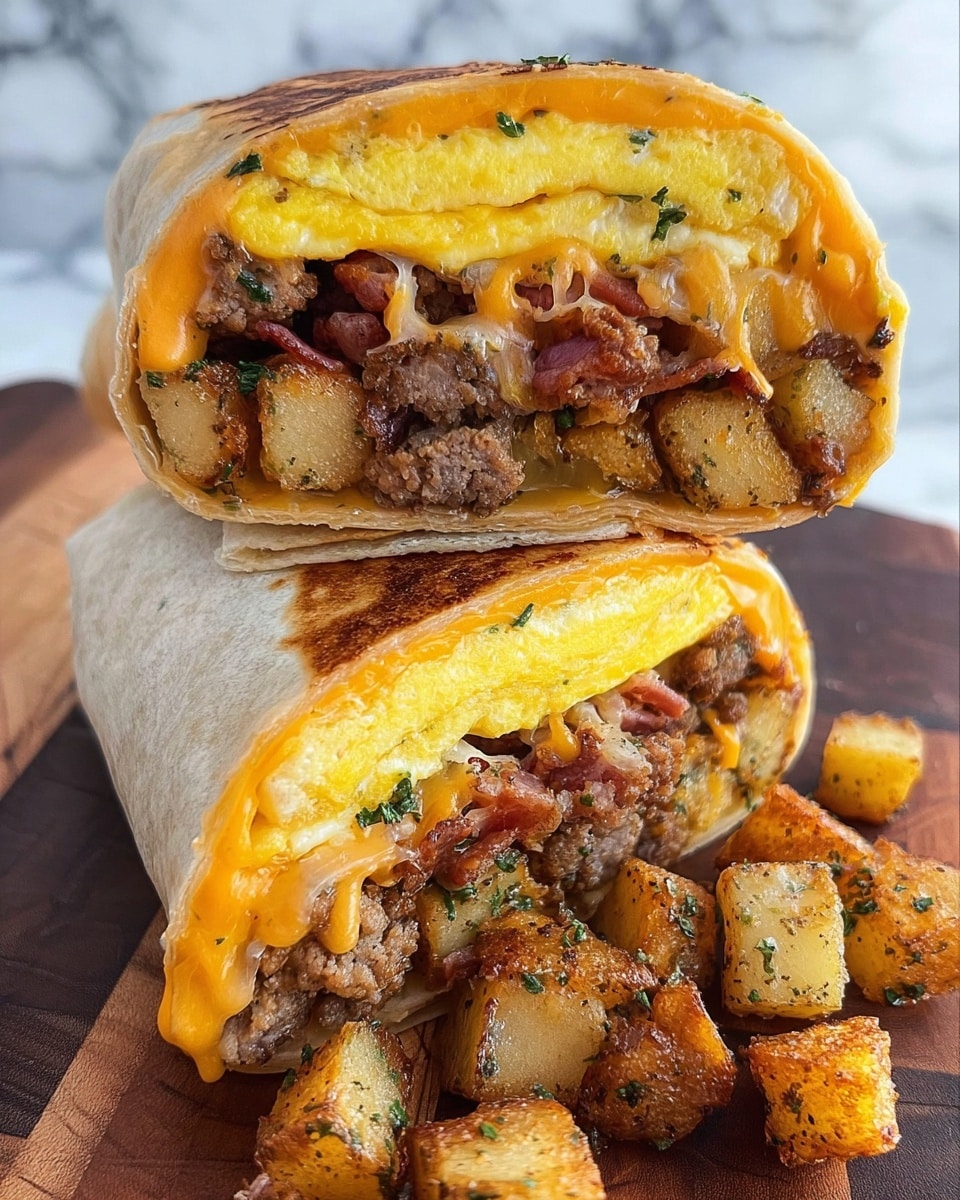 The image shows a breakfast wrap cut in half and stacked, with two halves revealing the layers inside. The outer layer is a soft wrap that holds together the filling. Inside, there is a thick layer of yellow egg, topped with melted orange cheddar cheese that slightly drips out. The filling contains browned sausage pieces and crispy, golden-brown, herb-seasoned potato cubes mixed with small pieces of bacon. The wrap is placed on a wooden board, with some potato cubes fallen around it. The background features a white marbled texture. photo taken with an iphone --ar 4:5 --v 7