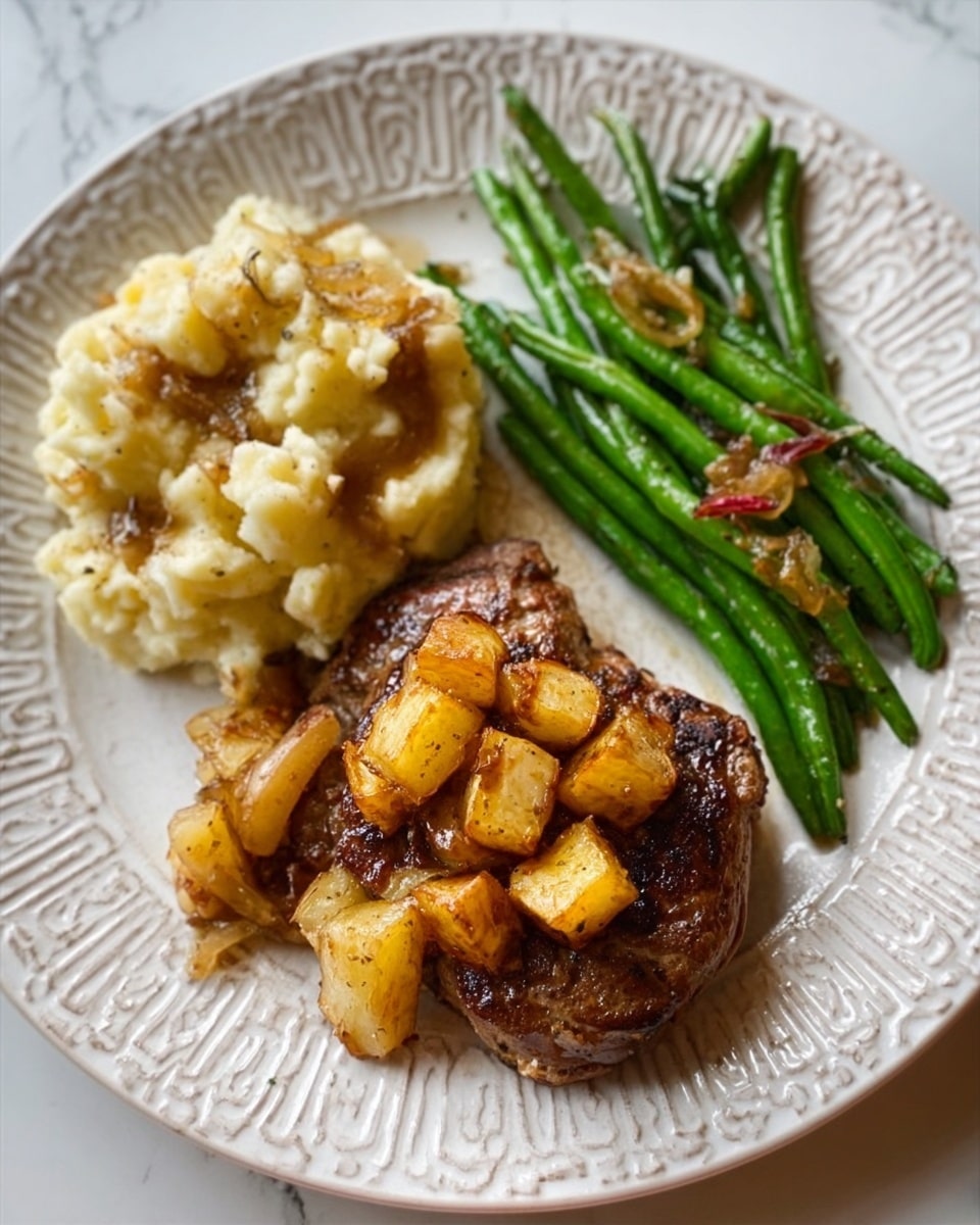 A white plate with a patterned rim holds a meal arranged in three parts on a white marbled surface. On the bottom left is a piece of cooked meat topped with small, golden-brown roasted potato cubes scattered on top. To the right of the meat are green beans, cooked and slightly browned, stacked neatly. At the top left, there is a creamy, lumpy serving of mashed potatoes with visible small chunks, shaped in a rounded mound. The colors include warm browns of the meat and potatoes, vibrant green of the beans, and pale beige of the mashed potatoes. photo taken with an iphone --ar 4:5 --v 7
