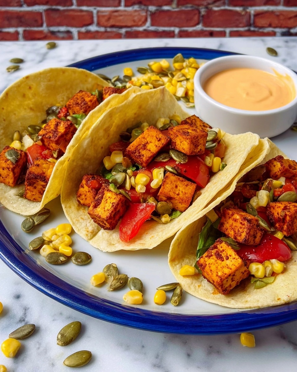 Three soft yellow tortillas are folded and placed side by side on a white plate with a blue rim. Each tortilla holds a base layer of light-colored onion pieces, topped with square chunks of browned orange tofu, bright red tomato slices, and scattered yellow corn kernels and green pumpkin seeds. More tofu cubes, corn, and pumpkin seeds are spread around the plate and on a white marbled surface under it. A small white bowl with smooth, creamy pale orange sauce is set near the plate against a background of red brick. photo taken with an iphone --ar 4:5 --v 7