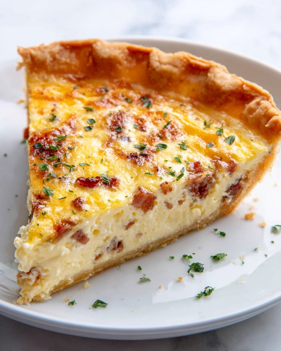 A single slice of quiche sits on a white plate, showing three main layers. The bottom layer is a golden, flaky crust with a slightly raised edge. The middle layer is creamy and light yellow, with bits of browned bacon or meat evenly spread inside. The top layer is a lightly browned, smooth surface with small green herbs sprinkled on top for color. The plate rests on a white marbled surface. Photo taken with an iphone --ar 4:5 --v 7