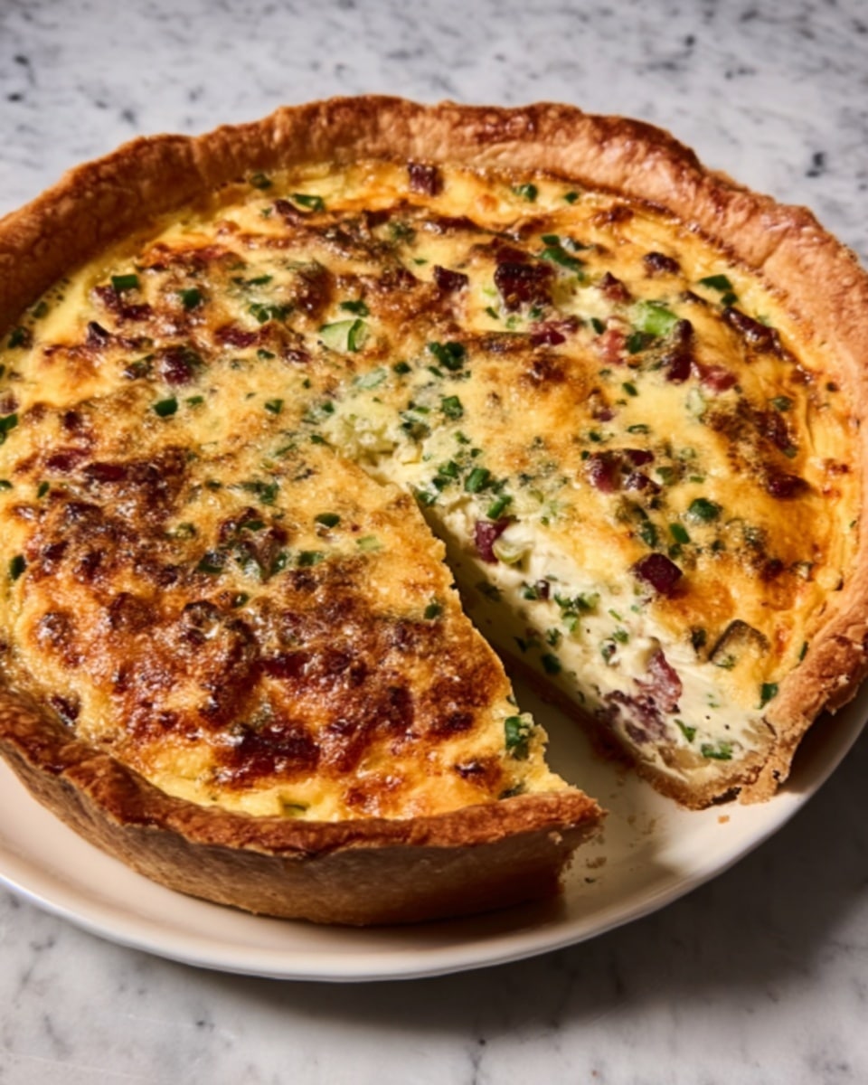 The image shows a deep-dish quiche with a golden-brown crust that is thick and slightly uneven around the edges. Inside, there are visible layers of creamy, light yellow egg filling mixed with green pieces of herbs or vegetables and small chunks of reddish-brown meat spread evenly throughout. The top layer is a mix of melted cheese parts that have browned lightly in spots, adding a crispy texture. The quiche sits on a white plate, placed on a white marbled surface photo taken with an iphone --ar 4:5 --v 7
