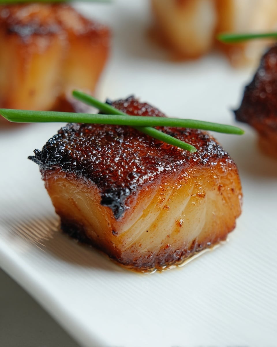 A close-up of a small, square piece of cooked fish with a dark, crispy, caramelized top layer that has an uneven texture and edges, while the bottom layer shows a lighter, soft, flaky flesh beneath. A single green chive lies diagonally on top. The fish sits on a white plate with subtle ridges, placed on a white marbled surface. The image focuses sharply on the fish, with parts of other pieces visible but blurred in the background. photo taken with an iphone --ar 4:5 --v 7
