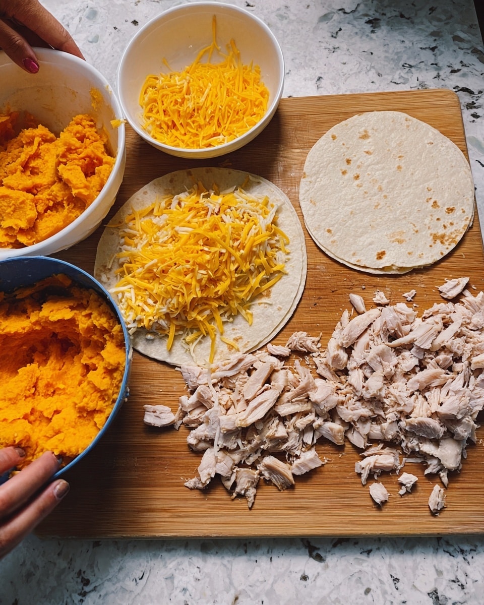 The image shows a wooden board with several layers of food ingredients arranged for making wraps or tacos. On the right side of the board, there are chopped white pieces of cooked chicken. Above the chicken, two white flour tortillas are laid flat; one tortilla has a layer of yellow shredded cheese and small chunks of chicken on top, while the other tortilla is empty. To the left of the board are two white bowls containing mashed orange sweet potatoes and shredded yellow cheese. The background is a white marbled surface. A woman's hand is about to add ingredients. Photo taken with an iphone --ar 4:5 --v 7