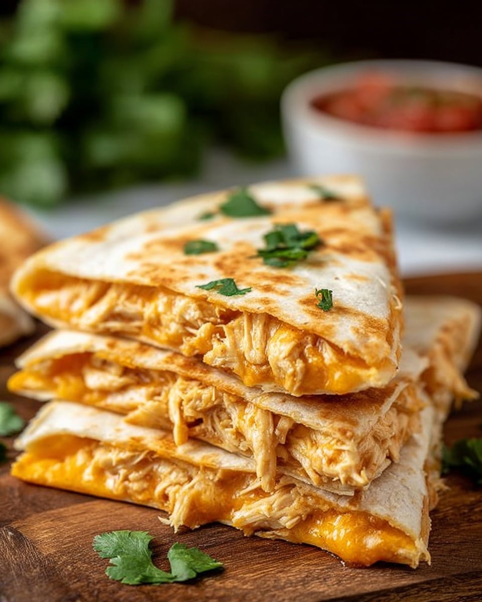 The image shows two stacked triangular quesadilla pieces on a wooden surface, each with two layers: a toasted white tortilla on the outside with a golden-brown texture, and inside, a thick layer of melted orange cheese mixed with shredded light-colored chicken. Small green cilantro leaves are scattered on top and around the quesadillas, adding a touch of bright green color. The background is softly blurred, with hints of salsa in a white bowl and more cilantro, all on a white marbled surface. photo taken with an iphone --ar 4:5 --v 7