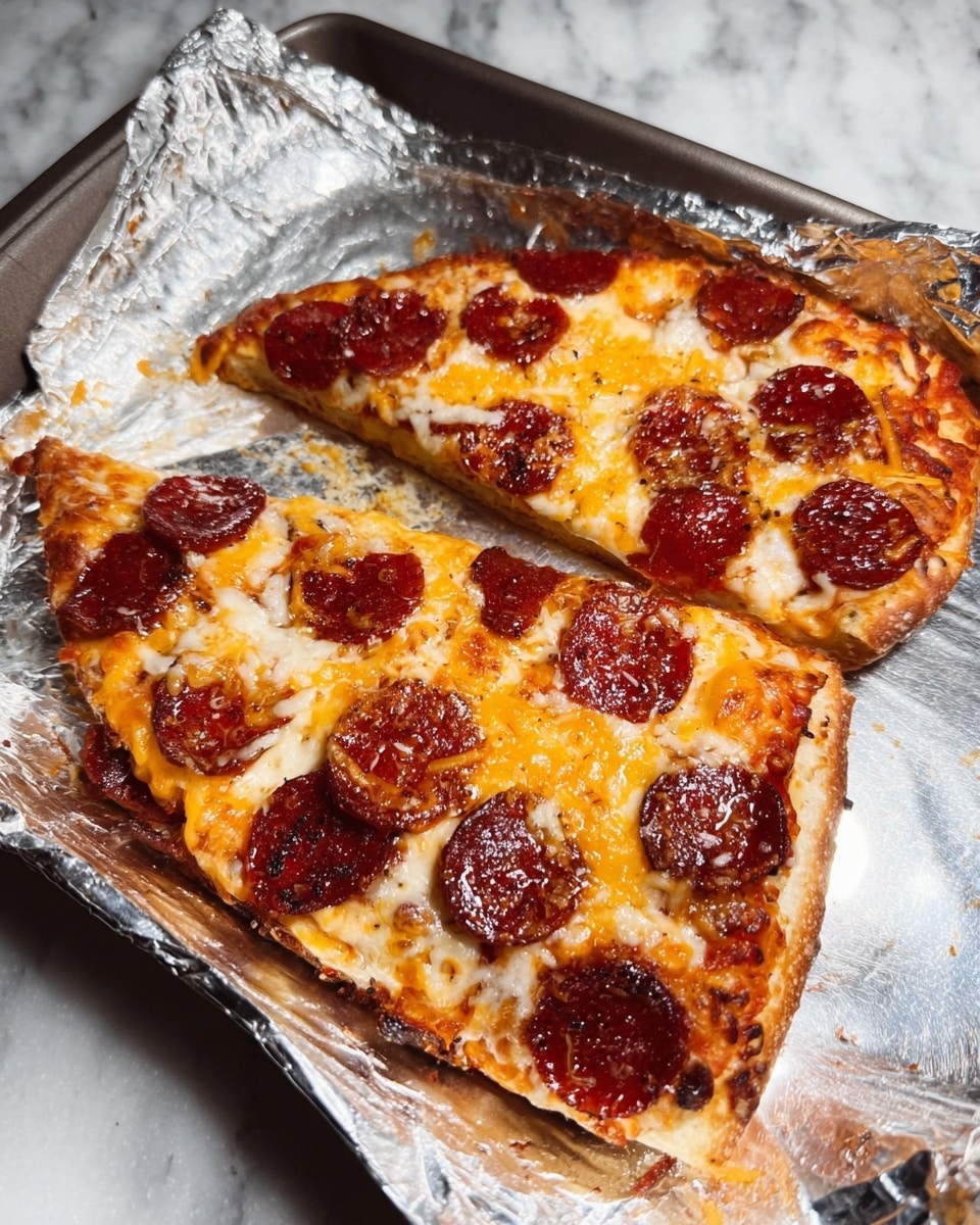 Two slices of pizza rest on a white foil sheet inside a pan, showing a golden brown crust with melted light yellow cheese spread evenly on each slice. On top, dark red pepperoni pieces are scattered generously, some slightly curled and browned at the edges, adding texture. The foil beneath reflects light softly, and the background surface is a white marbled texture. photo taken with an iphone --ar 4:5 --v 7
