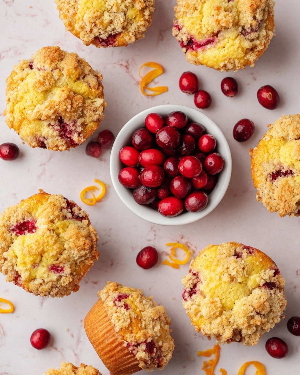 The image shows several crumb-topped muffins scattered on a white marbled surface. The muffins have a rough, golden-yellow crumb layer on top with swirls of red cranberry pieces baked inside, visible in each muffin's crumb topping. Alongside the muffins lie a few loose fresh cranberries, bright red and shiny. A small white bowl filled with fresh cranberries is placed among the muffins. There are also a few orange zest curls scattered around, adding a touch of bright orange color. One muffin is tilted on its side, showing its golden-brown baked edge beneath the crumb topping. The overall scene is bright and inviting. photo taken with an iphone --ar 4:5 --v 7