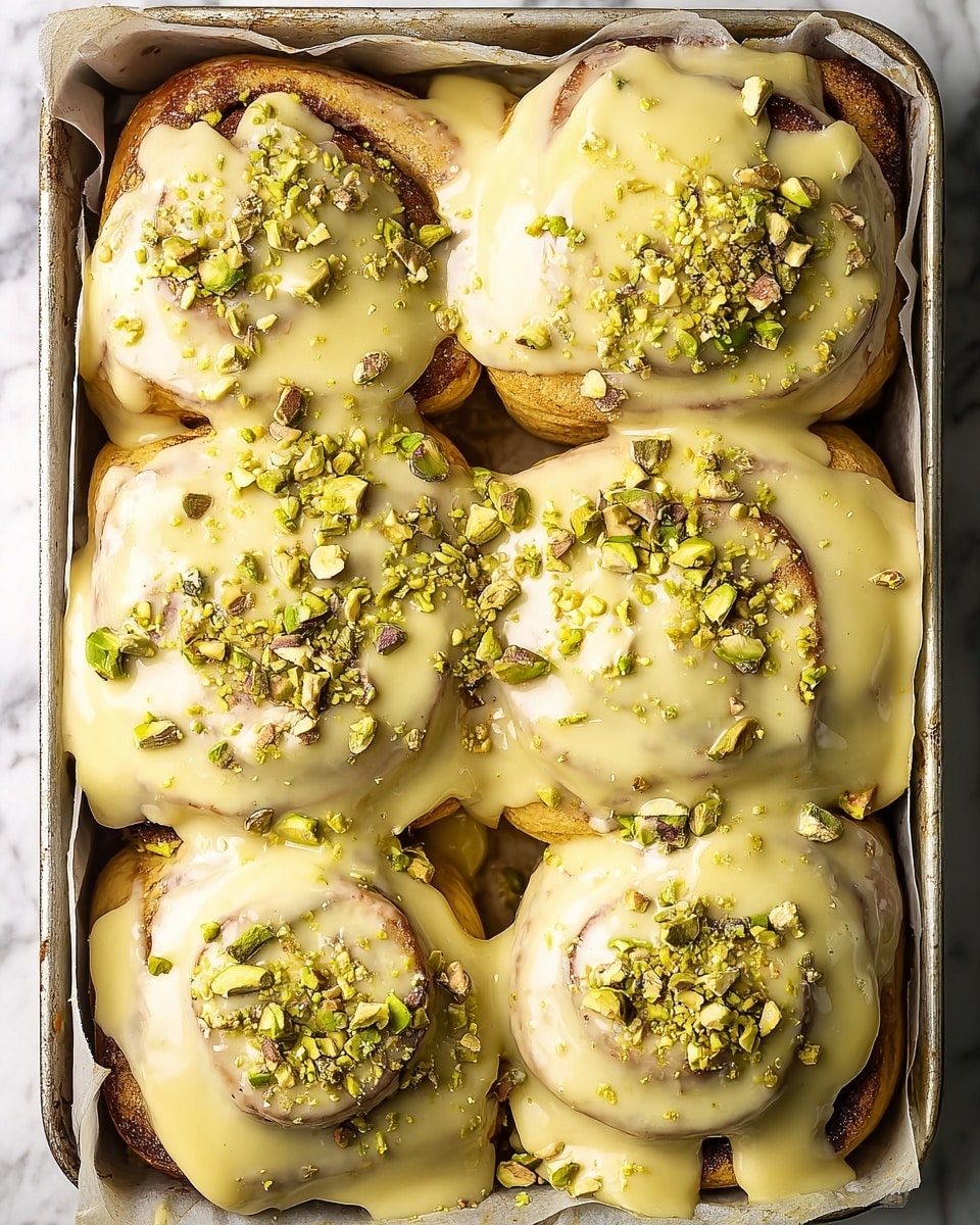 A baking tray filled with nine cinnamon rolls arranged in three rows of three, each roll covered with a thick layer of pale yellow icing that drips slightly over the sides, giving a creamy and smooth texture. The rolls show a golden-brown crust peeking through under the icing in some spots, and the surface is sprinkled generously with small pieces of chopped green pistachios, adding a rough and chunky texture. The tray is lined with parchment paper, and the whole scene is set on a white marbled surface. Photo taken with an iphone --ar 4:5 --v 7