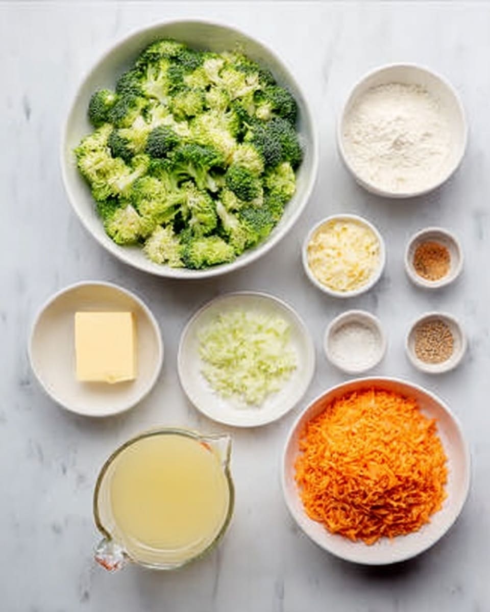The image shows a white bowl filled with chopped broccoli, placed on a white marbled surface, surrounded by several small white bowls containing various ingredients. There is a small white bowl with a pat of butter, another with finely chopped onions, one with grated cheese, a bowl with a small amount of flour, and small bowls holding ground pepper, a light brown powder, and salt. Additionally, there is a mound of grated carrots placed directly on the surface, and a transparent measuring cup filled with a pale yellow liquid near the bottom left. The arrangement is neat and evenly spaced. Photo taken with an iphone --ar 4:5 --v 7