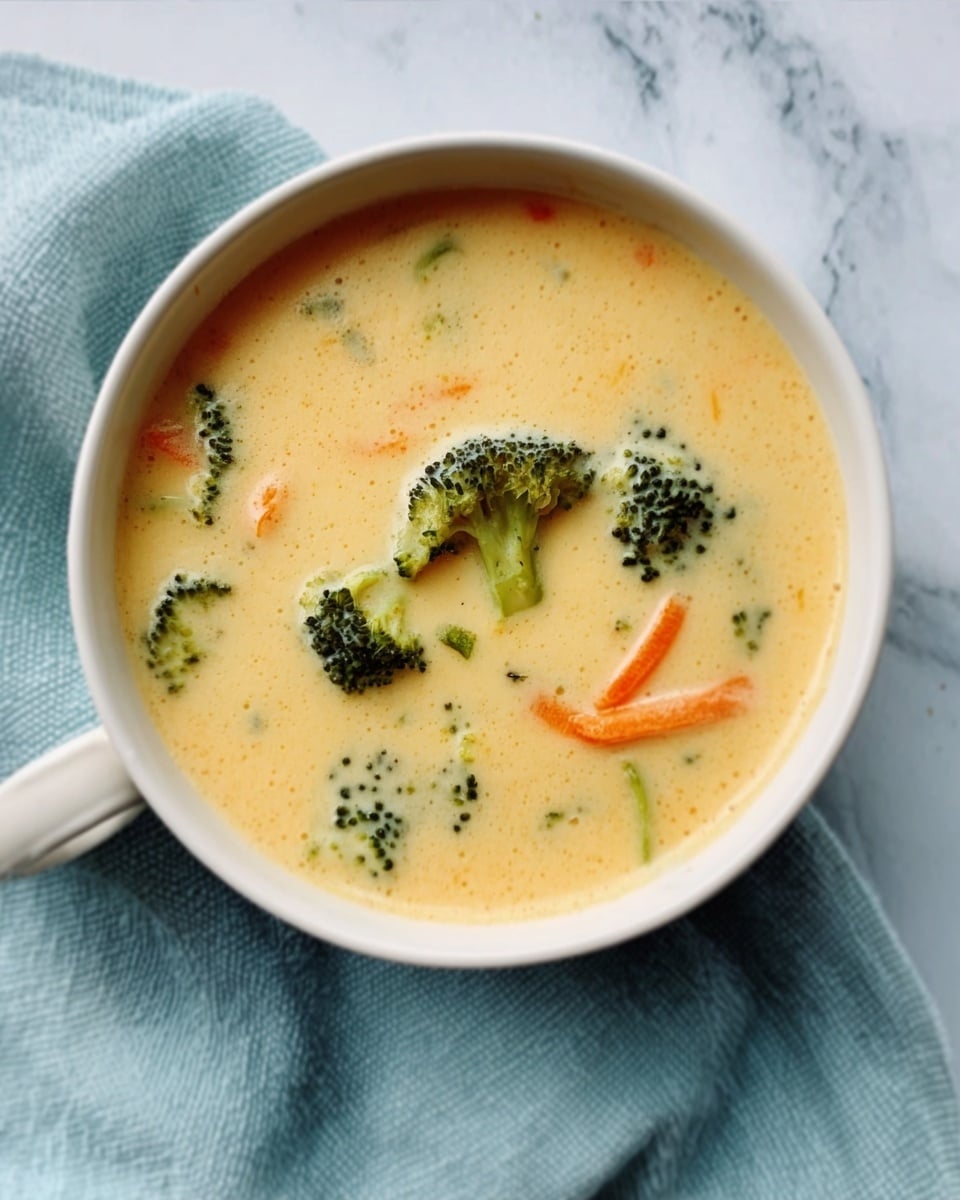 A white bowl filled with creamy broccoli cheese soup sits on a wooden board with an olive green cloth underneath. The soup has a thick, pale yellow base with small bits of carrots and broccoli florets spread evenly throughout. Bright green broccoli pieces stand out in the soup, along with thin strands of shredded cheddar cheese mostly gathered in the middle, adding a rich orange color. The surface beneath the board is white with a marbled texture. Photo taken with an iphone --ar 4:5 --v 7
