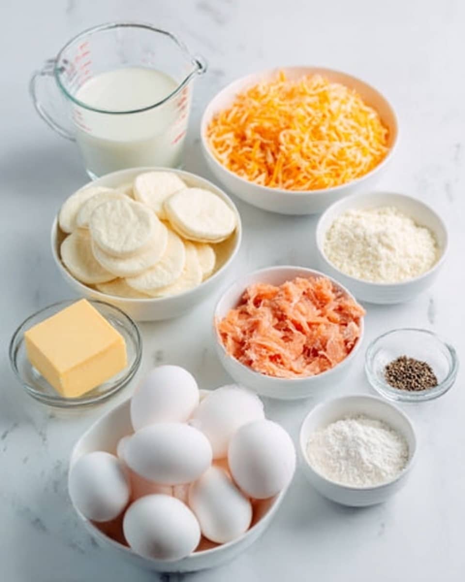 The image shows several white bowls and cups arranged on a white marbled surface. There is a white bowl filled with round slices of mozzarella cheese, next to it a glass measuring cup with white milk. A white bowl contains shredded orange cheddar cheese, and beside it is a bowl with shredded cooked salmon. A medium white bowl holds six whole white eggs. In a small white bowl, there is a yellow square of butter, while another small bowl contains white flour. A small white bowl holds a mix of black and white pepper. The scene is bright and clean-looking photo taken with an iphone --ar 4:5 --v 7