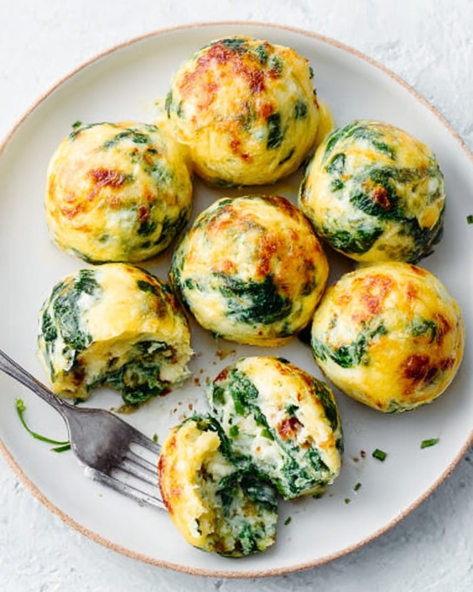 The image shows a white plate with seven round, golden-baked balls that have a soft, cheesy top layer with some browning. Inside, the balls have a bright green layer of cooked spinach mixed with white and yellow cheese, creating a creamy look. One ball is cut open showing the green and cheese layers inside. The plate is on a white marbled surface, and a woman’s hand holds a fork near the cut ball. The overall texture looks soft and slightly crispy on top. photo taken with an iphone --ar 4:5 --v 7