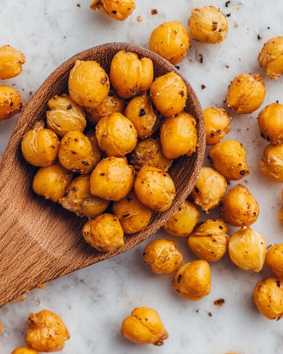 A close-up image of golden roasted chickpeas with a slightly shiny, crispy texture. The chickpeas are scattered on a white marbled surface, with some resting inside a wooden spoon positioned diagonally from the top left corner. The chickpeas are lightly seasoned with small black specks of pepper. Photo taken with an iphone --ar 4:5 --v 7