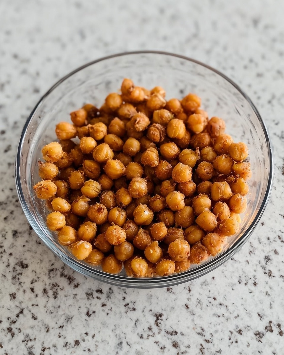 A clear glass bowl filled with a single layer of small, round roasted chickpeas that are golden brown with a slightly rough texture visible from a coating of seasoning or salt. The bowl is placed on a white marbled surface, showing the speckled pattern beneath. The chickpeas are evenly spread, filling the bowl to the top, with some chickpeas slightly darker, indicating varied roasting. The photo has a soft focus on the background, making the bowl and chickpeas the main view. photo taken with an iphone --ar 4:5 --v 7
