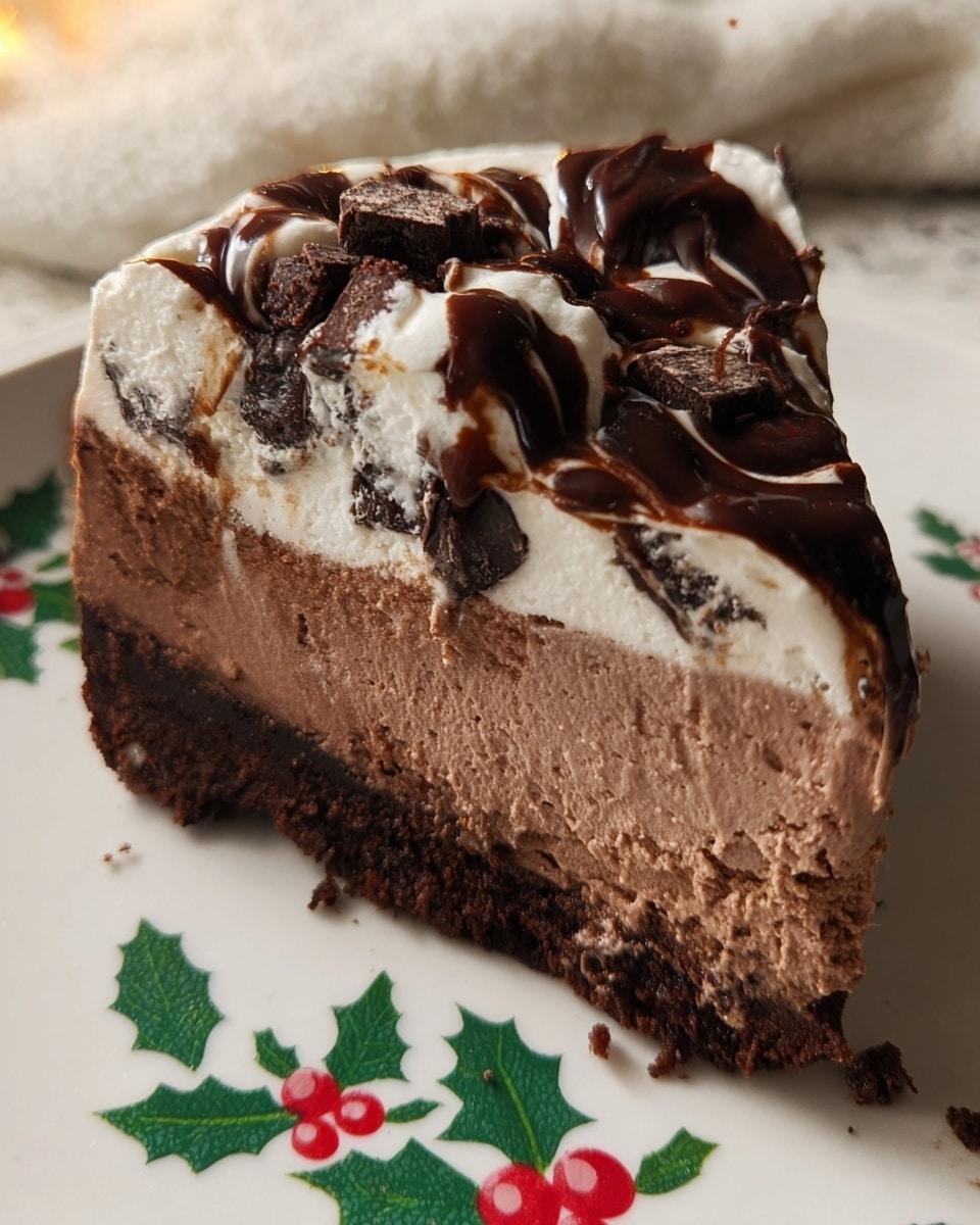The image shows a close-up of a slice of layered chocolate cake with three main layers. The bottom and top layers are dark chocolate cake with a soft, moist texture. Sandwiched between these cake layers is a thick white cream layer that looks fluffy and light, with small chocolate bits mixed inside it. The outer edge of the bottom cake layer is covered in a smooth, glossy chocolate frosting that wraps around and pools slightly at the base, next to some loose chocolate chips scattered on a white marbled surface. Photo taken with an iphone --ar 4:5 --v 7