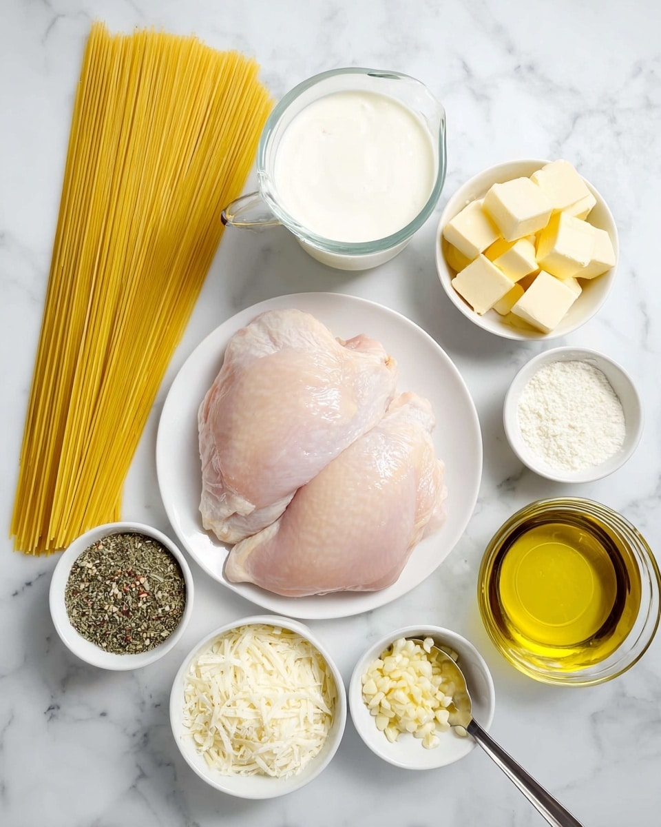 The image shows raw ingredients neatly arranged on a white marbled surface. At the center is a white plate holding two large, pale pink chicken pieces with smooth texture. To the left, there is a bundle of uncooked yellow spaghetti lying flat, and above it, a clear measuring cup filled with white cream. Around the plate are small white bowls containing various ingredients: cubed pale yellow butter, off-white grated cheese, white sour cream, green and black mixed dried herbs and spices, and a small glass bowl with golden olive oil. A metal measuring spoon with minced light yellow garlic sits at the bottom right corner. photo taken with an iphone --ar 4:5 --v 7