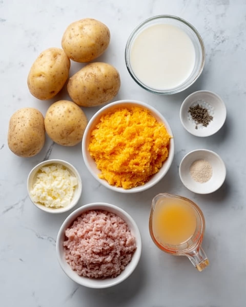 The image shows several white bowls and small dishes arranged on a white marble surface. There are five whole, light brown potatoes in a white bowl at the bottom left. Nearby, a white bowl holds minced pink meat. Next to it is a white bowl filled with bright orange mashed or grated contents. Small white dishes contain salt, white pepper, and black pepper. A small white cup with a light beige powder sits near the bottom right. A glass measuring cup holds light orange liquid at the bottom right. Finally, a clear glass bowl at the top center is filled with white cream or milk. The arrangement is neat and bright. Photo taken with an iphone --ar 4:5 --v 7