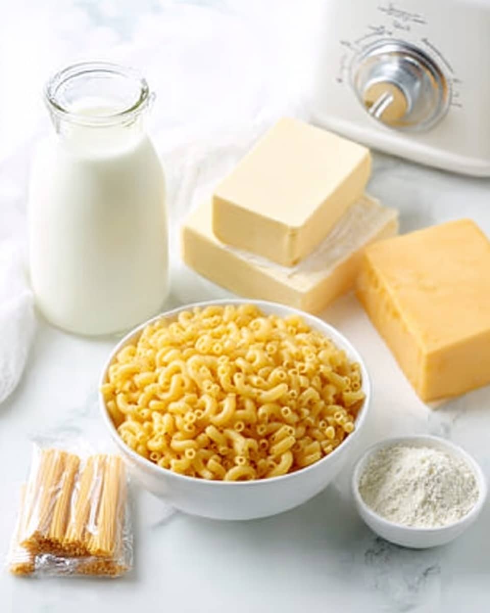 A white bowl filled with yellow macaroni pasta sits at the front center of a white marbled surface. Behind it, to the right, there are two large yellow blocks resembling cheese. To the left are a few sticks of pale beige butter arranged in a small stack. A small white bowl containing white powder is placed slightly in front to the right of the macaroni bowl. Behind the macaroni and to the left is a glass jar filled with white milk. A white kitchen appliance with a dials sits in the back right corner on the white marbled surface. The lighting is bright and soft, making the colors look clear and natural. photo taken with an iphone --ar 4:5 --v 7