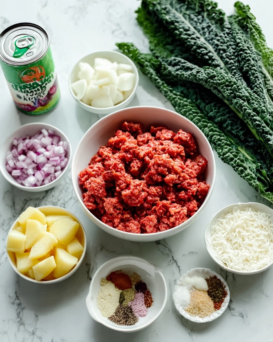 The image shows a white bowl filled with bright red, crumbly cooked ground meat in the center. Around the bowl, there are several small white bowls containing different ingredients: one with raw chopped light purple onions, one with uncooked white rice, one with small wedges of pale yellow potatoes, and one with a mixture of white and brown spices. A can of Thai coconut milk with a green label sits near the ingredients, and a bunch of dark green leafy kale rests on a white marbled surface in the background. Photo taken with an iphone --ar 4:5 --v 7