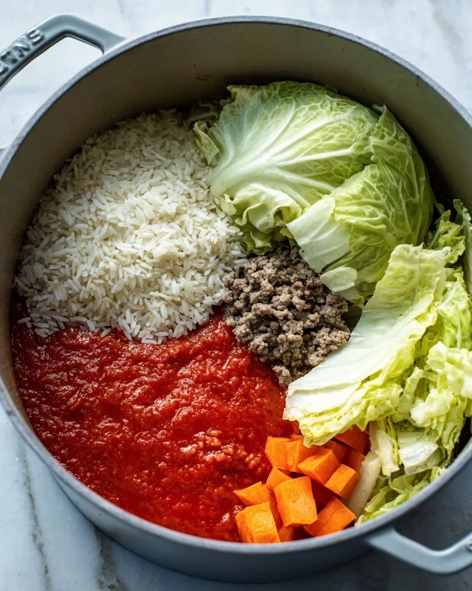 A close-up view inside a gray cooking pot showing five distinct ingredients arranged without mixing. The bottom left side features bright red tomato sauce with a smooth texture. Above the tomato sauce is a pile of white, uncooked rice grains forming an even layer. To the right of the tomato sauce and rice is a small amount of ground brown meat placed near the center bottom. Next to the meat, on the bottom right side, are small orange carrot cubes. On the upper right, taking almost half the space, are large, uneven pieces of light green cabbage leaves with visible veins. The ingredients are on a white marbled surface. Photo taken with an iphone --ar 4:5 --v 7