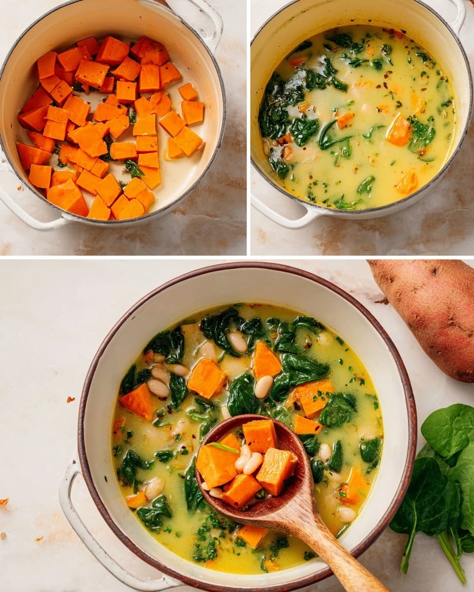 The image shows a white pot with four stages of making a soup. In the first stage, there are bright orange sweet potato cubes and small diced onions mixed with herbs in the pot. In the second stage, a creamy light yellow broth with wilted dark green spinach and a few orange sweet potato pieces is visible. In the third stage, a wooden ladle is lifting a spoonful of the soup showing more sweet potato cubes, bright green spinach, and some white beans in the light yellow broth. Finally, the soup is served in a white bowl with a brown rim, filled with a colorful mix of orange sweet potatoes, vibrant green spinach, white beans, and sprinkled green herbs on top, all placed on a white marbled surface with a sweet potato and some spinach leaves nearby photo taken with an iphone --ar 4:5 --v 7
