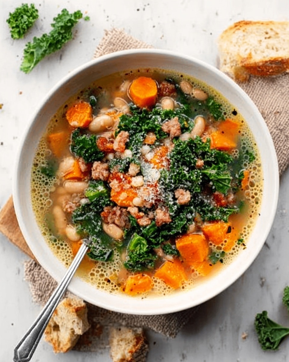 A white bowl filled with a colorful soup sits on a white marbled surface. The soup has three main layers: the base is a light broth with small bubbles, floating above are bright orange chunks of cooked sweet potato and pale beans, and on top is a thick layer of dark green leafy kale mixed with small bits of sausage. A silver spoon rests inside the bowl on the left side. Around the bowl, there are pieces of bread and small kale leaves scattered. photo taken with an iphone --ar 4:5 --v 7