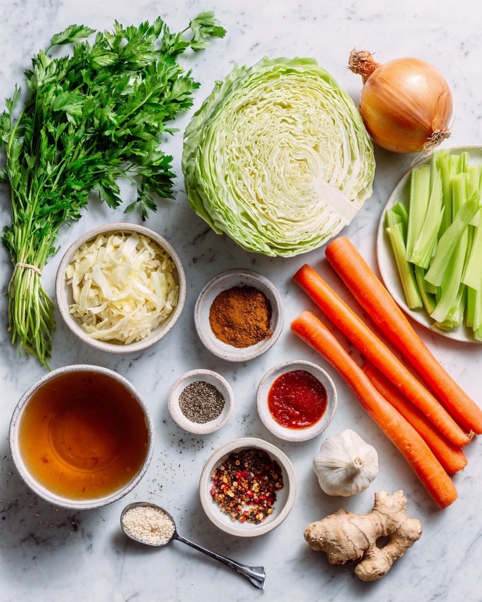 The image shows a top view of fresh cooking ingredients arranged on a white marbled surface. In the center left, there is half a light green cabbage with visible leafy layers. Around it, there are whole and chopped vegetables including bright orange carrots, pale green celery sticks, a whole round yellow onion, and fresh ginger root. Small white bowls hold different spices in various colors: ground black pepper, salt, mixed brown and red spices, minced garlic, and a red sauce. There is also a clear brown liquid in a white bowl on the bottom left and a spoon with small white grains next to it. A woman's hand holds a bunch of fresh green parsley leaves on the top left. The whole setup is clean, colorful, and well-organized. photo taken with an iphone --ar 4:5 --v 7
