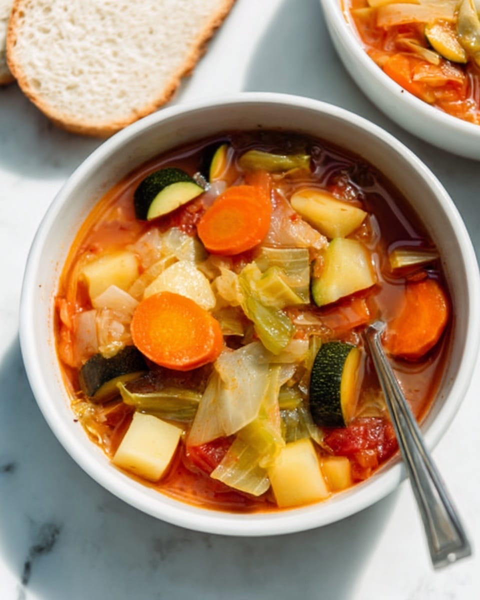 The image shows a white bowl filled with a colorful vegetable soup. The soup has several layers of chunky vegetables: thick round slices of orange carrots, thick green zucchini pieces with white inside, light green cabbage chunks, and small yellow potato cubes, all floating in a clear red tomato broth. A spoon is resting inside the bowl on the left side, and the bowl is set on a white marbled surface. A slice of white bread is placed near the bowl, partly visible in the background. The scene has bright natural light. Photo taken with an iphone --ar 4:5 --v 7