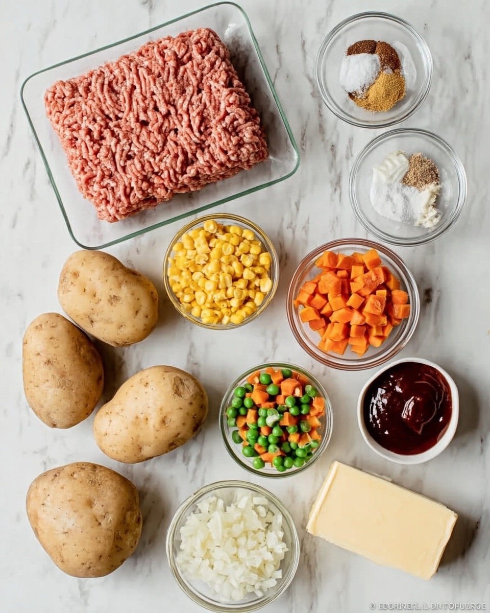 The image shows ingredients on a white marbled surface arranged neatly. At the top left, there is a block of raw ground meat with a coarse texture and soft pink color placed on a clear tray. Next to it on the right are two clear glass bowls with salt and seasonings in different shades of white and brown. Below these, there are smaller bowls with different colored ingredients: one has yellow corn kernels, another has a mix of diced orange carrots and green peas, and a third contains finely chopped white onions. Toward the bottom right side, a stick of pale yellow butter sits beside a small bowl filled with a dark red sauce. To the left, there are three light brown potatoes with smooth skin. A small bowl with minced garlic is placed centrally below the other ingredients. The photo looks bright with natural light and was taken with an iphone --ar 4:5 --v 7