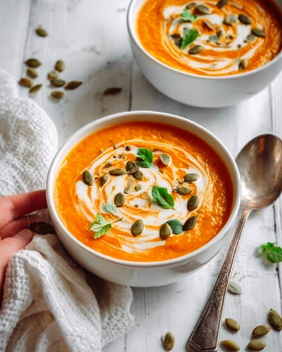 A white bowl filled with smooth orange soup, topped with a swirl of creamy white sauce and scattered green pumpkin seeds. Fresh green herbs are sprinkled on top, adding a touch of color. A silver spoon lies next to the bowl on a white marbled surface. In the background, there is a white bowl with the same soup and similar toppings. A woman's hand holds a white cloth near the bowl, completing the cozy setting. photo taken with an iphone --ar 4:5 --v 7