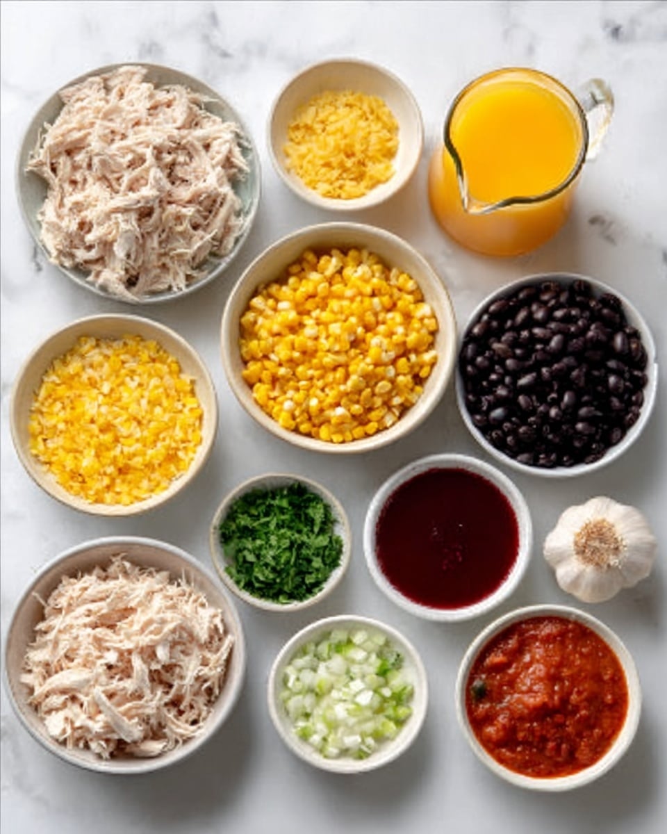 The image shows multiple small white bowls arranged neatly on a white marbled surface. The bowls contain different colorful ingredients: shredded cooked chicken in the bottom left, minced onions in the center, bright yellow corn in the top center, black beans at the bottom right, finely chopped parsley in the top left, and two small bowls with deep red sauces or pastes in the middle. There are also some garlic cloves and a small glass jug with orange juice on the right side. The overall look is clean and organized, with vibrant colors from the ingredients standing out against the white bowls and surface. photo taken with an iphone --ar 4:5 --v 7