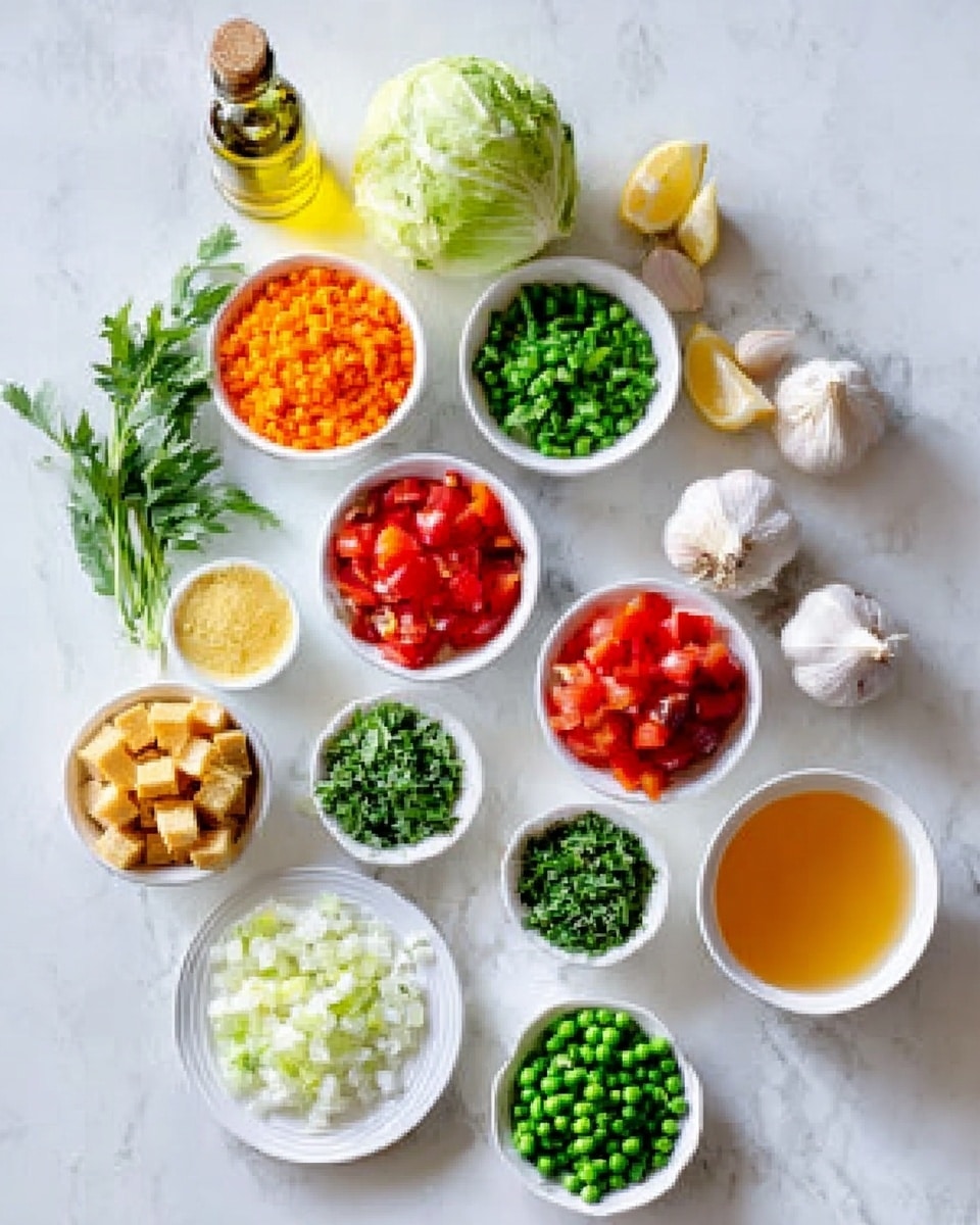 The image shows many small white bowls and white plates arranged on a white marbled surface. Each bowl holds a different ingredient including bright orange diced carrots, red diced tomatoes, green peas, green beans, diced white onions, lemon slices, and chopped green herbs. There is a half green cabbage and a small bottle with yellow liquid, possibly oil, near the top. A pair of whole garlic bulbs and a small bowl of yellow-brown cubes, likely some type of broth or stock, are also visible. There is a clear orange-yellow liquid in one bowl, possibly broth. The overall look is colorful with fresh vegetables and herbs, placed neatly with shadows beneath. Photo taken with an iphone --ar 4:5 --v 7
