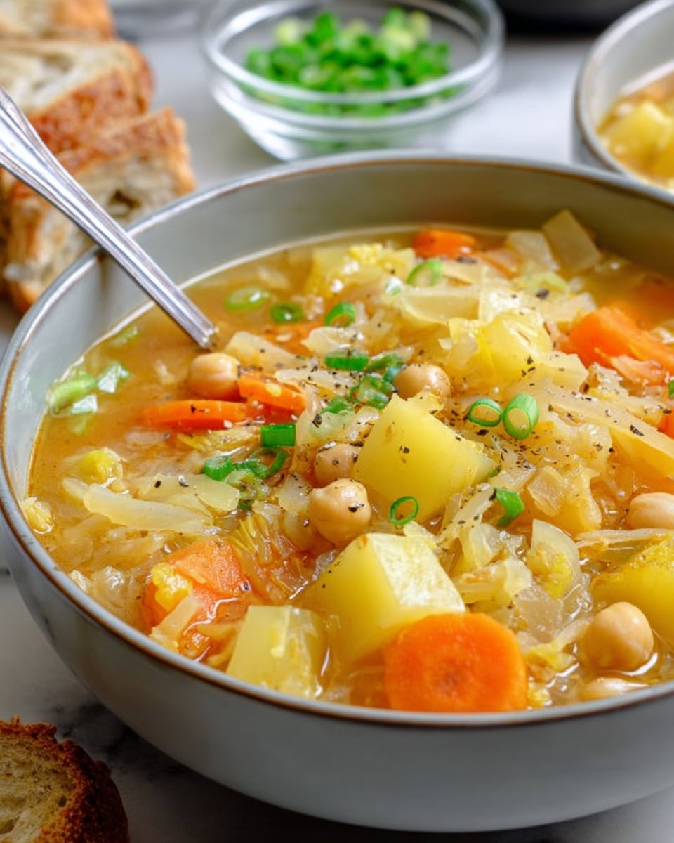 A light gray bowl holds a clear broth soup filled with chunks of yellow potatoes, orange carrot slices, white chickpeas, and shredded pale cabbage. The soup is topped with chopped green onions and a sprinkle of black pepper. A silver spoon rests inside the bowl, and in the background, a small glass bowl with extra chopped green onions and pieces of bread are visible, all set on a white marbled surface photo taken with an iphone --ar 4:5 --v 7