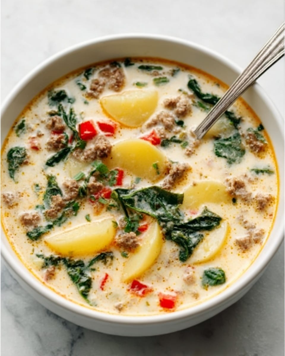 A white bowl filled with creamy soup showing about three layers: the base layer is a smooth, light cream broth; floating in it are thin, soft yellow potato slices; scattered on top are cooked ground meat pieces mixed with small pieces of red bell pepper and bits of green leafy spinach. A silver spoon rests on the side of the bowl, slightly submerged in the soup. The bowl is placed on a white marbled surface. photo taken with an iphone --ar 4:5 --v 7