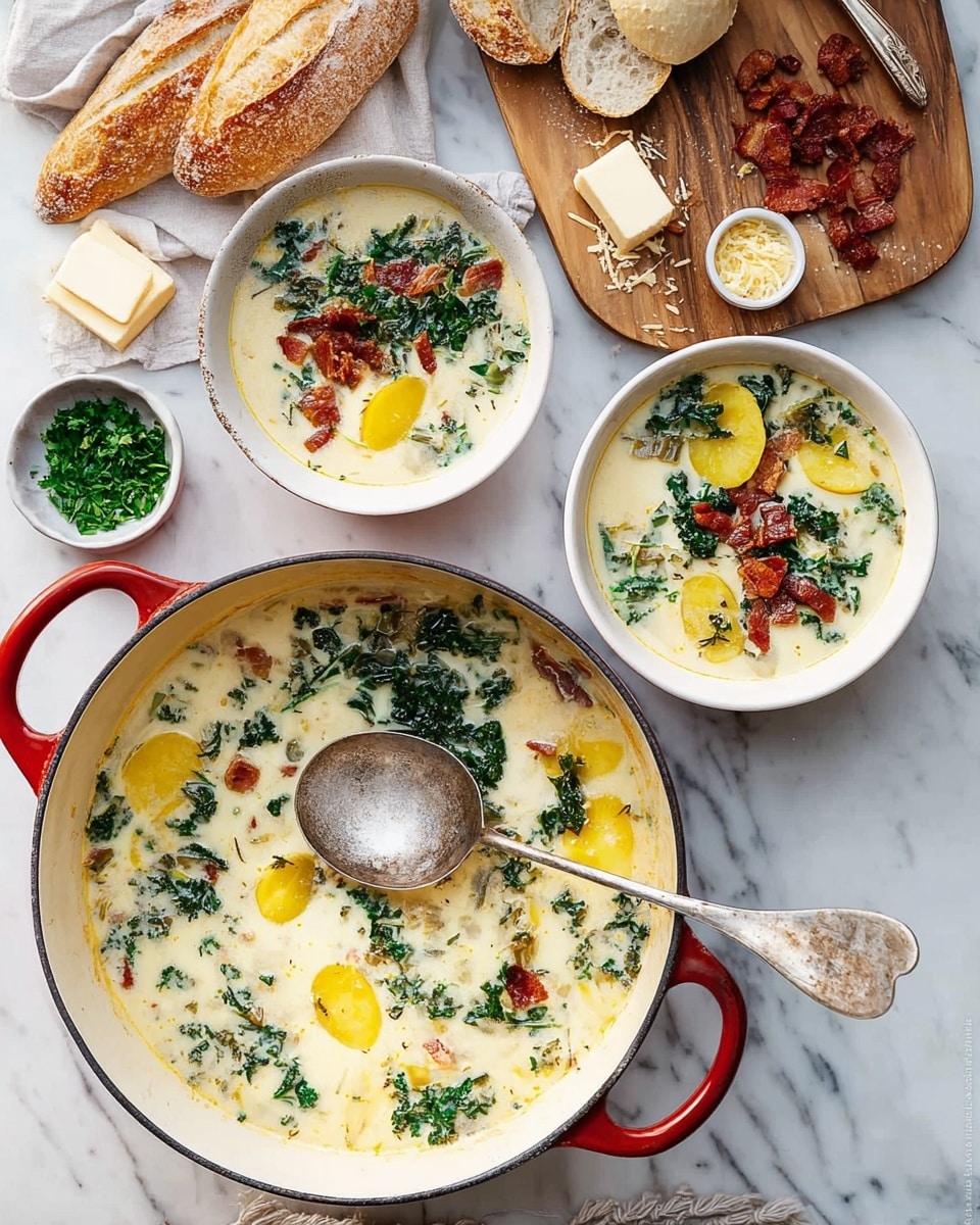 A large white pot with red handles is filled with a creamy soup that has visible layers of green kale, yellow potato slices, and small bits of crispy bacon floating on top. A rustic silver ladle rests inside the pot, partially submerged in the soup. Next to the pot, two white bowls also hold servings of the same creamy soup, each bowl topped with green kale, yellow potato slices, and crispy bacon pieces. The bowls are placed on a white marbled surface. Nearby, a wooden board holds pieces of sliced baguette bread and a white small dish with a square of butter and a butter knife. Around these, there are small white bowls containing chopped green herbs, grated cheese, and crispy bacon pieces, adding to the scene. photo taken with an iphone --ar 4:5 --v 7