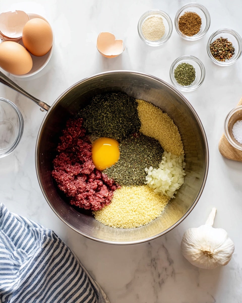 Inside a silver mixing bowl, there are six distinct layers: a deep red minced meat layer on the lower left, a pile of fine yellow breadcrumbs on the lower right, a bright yellow egg yolk on the upper right sitting on top of pale, finely chopped onions, and three different shades of green and brown dried herbs/spices arranged above and next to the breadcrumbs and meat. The bowl rests on a white marbled surface surrounded by small clear bowls of various spices, two cracked light brown eggshells in a white bowl, a whole white garlic bulb, and a striped cloth in shades of blue and white. The scene is shot from above with good lighting highlighting the textures and colors. photo taken with an iphone --ar 4:5 --v 7