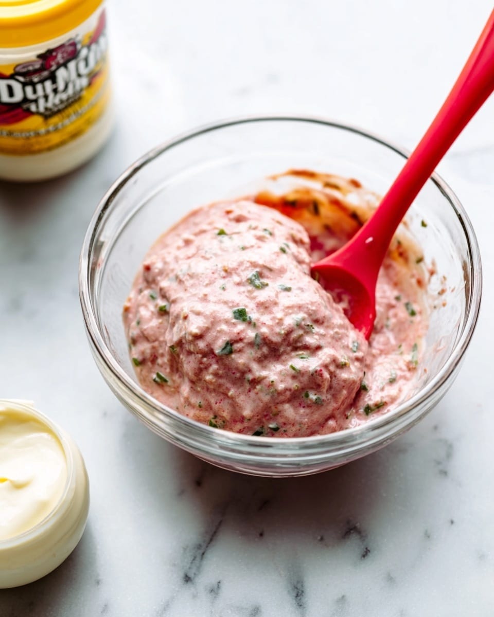 A clear glass bowl holds a thick, pinkish mixture speckled with green herbs, stirred with a red spoon resting inside. Nearby on the white marbled surface, a white jar of mayonnaise with a yellow lid is partially visible beside the bowl. The overall scene is bright and clean, focusing closely on the mixing process. photo taken with an iphone --ar 4:5 --v 7