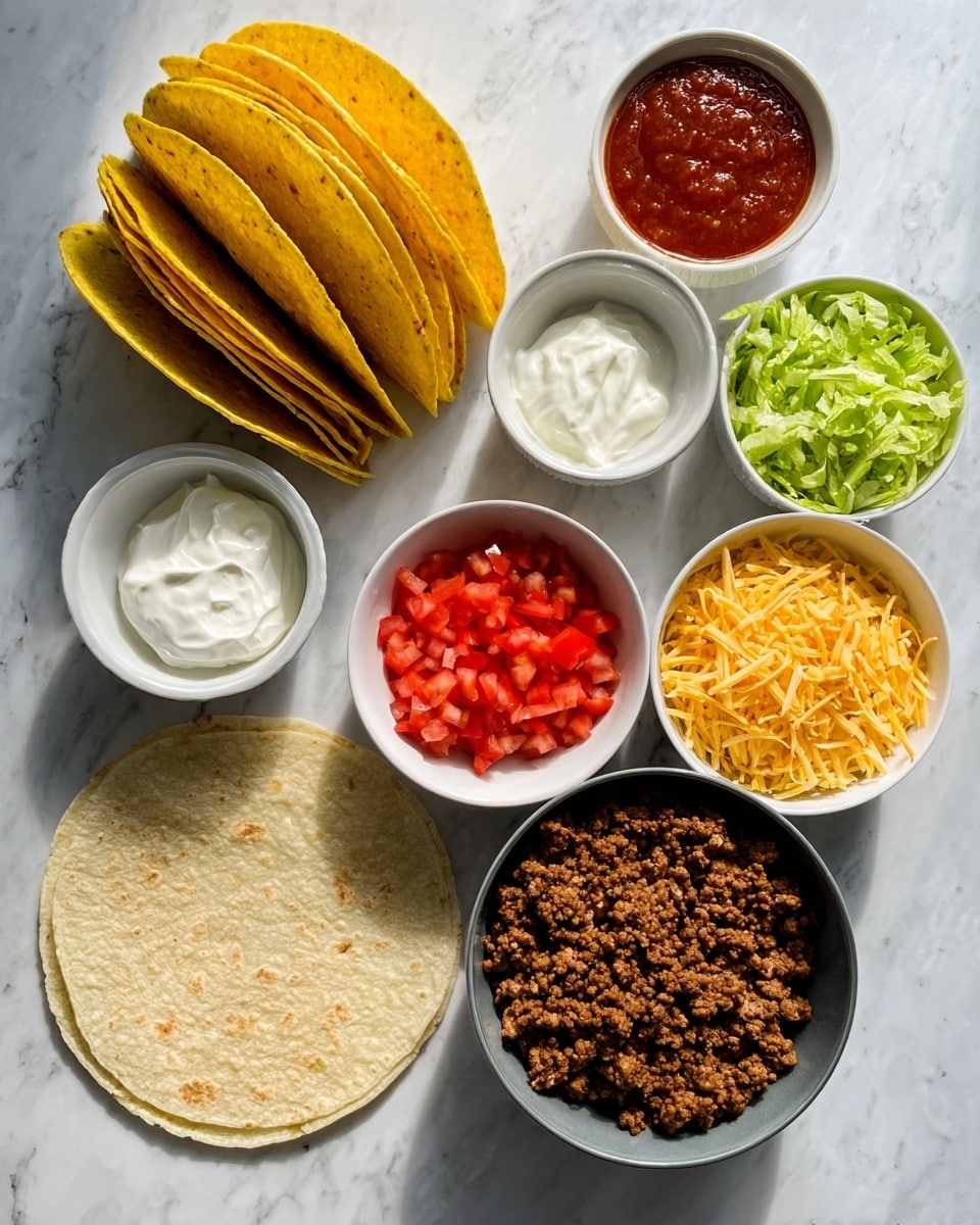 The image shows ingredients for assembling tacos on a white marbled surface. On the left side, there is a stack of yellow corn taco shells leaning against a set of round flour tortillas. To the right, there are five white bowls arranged in a rough circle: the top bowl contains sour cream, the one on the top left has red salsa, to the right of the salsa is a bowl of chopped bright red tomatoes, the center right bowl has shredded lettuce, and the bottom right bowl holds a mix of shredded yellow and white cheese. In the bottom right corner, there is a bowl filled with cooked, seasoned ground beef. The scene is bright with natural light. Photo taken with an iphone --ar 4:5 --v 7